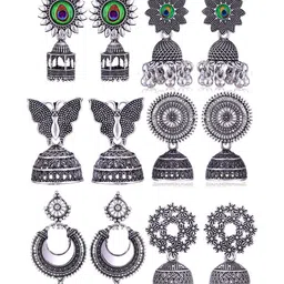 Sangria Set Of 6 Silver Plated Oxidized Jhumka Earrings-image-31