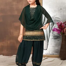 BAESD Girls Green Georgette Sequin Embroidery Lace Work Ethnic Wear Kurti Patiala Set-picture-23