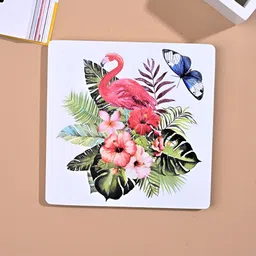 Storepedia 6 Pieces Green & White Flamingo Printed Square Wooden Coasters With Stand image 5