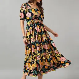 Krunal Raiyani Women Printed Smocked Fit and Flare Midi Dress-image-4