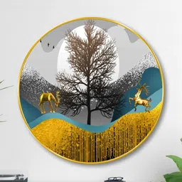 Livin'luxe Grey & Gold-Toned MDF Deer And Tree Round Wall Art 20" x 20"-picture-30
