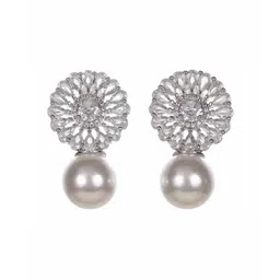 Bling Queen Silver-Plated Artificial Stones Studded & Pearls Beaded Floral Drop Earrings image 4