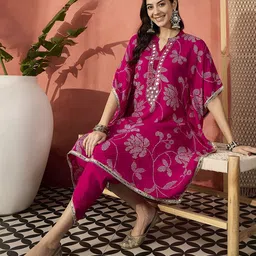 Sangria Pink Floral Printed Mandarin Collar Mirror Work Kaftan Kurta With Dhoti Pant image 3