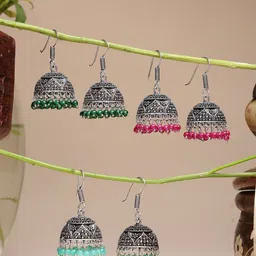 Anouk Set Of 3 German Silver Plated Artificial Beaded Oxidised Dome Shaped Jhumkas-picture-57