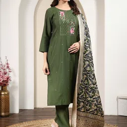 Anouk Rustic Floral Yoke Design Thread Work Straight Kurta With Trousers & Dupatta image 4