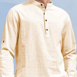 AMRIT TOP WEAR Mandarin Collar Roll-Up Sleeves Cotton Straight Short Kurta image 4