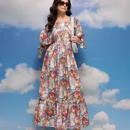 CORSICA Floral Print Gathered Detail Puff Sleeves Fit & Flare Maxi Dress image 4
