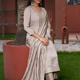 Lookmark Floral Embroidered Sequinned Round Neck Straight Kurta & Trousers With Dupatta image 3