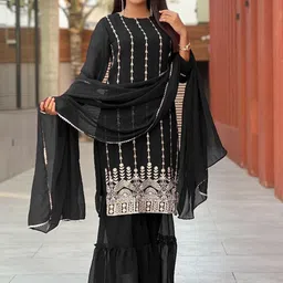BINDUDI Floral Embroidered Round Neck Thread Work Kurta With Sharara & Dupatta-picture-20