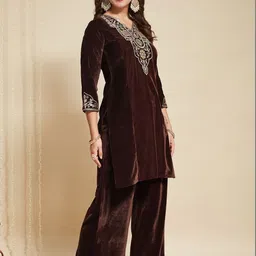 MOKOSH Women Ethnic Motifs Embroidered Regular Velvet Kurta with Palazzos & With Dupatta image 4