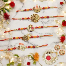 MEIRA JEWELLERY 7 Pcs Religious Rakhis With Greeting Card & Roli Chawal-picture-15