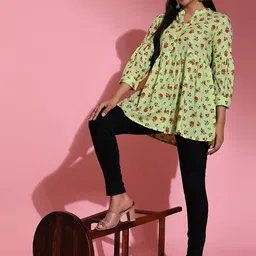 Poshak Hub Floral Print Mandarin Collar Cotton Top image 3