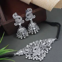 I Jewels Silver Plated Oxidised Peacock Design Ghungroo Jewellery Set-picture-25