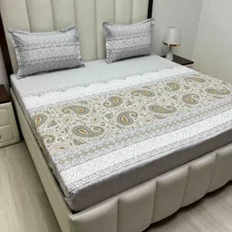 Pure Decor Lifestyle Grey Floral Pure Cotton 260 TC Double King Bedsheet Set-2.74mX2.74m-image-2