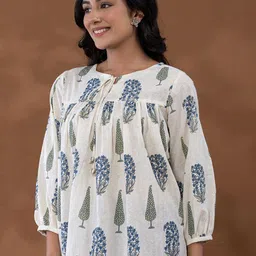 Yufta Print Keyhole Neck Cotton Peplum Top-picture-36
