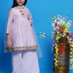 Little Bansi Girls Floral Embroidered Thread Work Kurta with Palazzos & Dupatta image 4