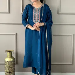 KALINI Ethnic Motifs Yoke Design Thread Work Chanderi Silk Kurta with Trousers & Dupatta image 1
