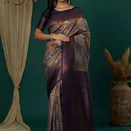 WOVENSTOCK Women Floral Woven Design Zari Kanjeevaram Saree With Unstitched Blouse Piece-picture-10