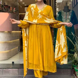 TWINS LADY Motifs Embroidered Chanderi Cotton V-Neck A-Line Kurta With Trousers & Dupatta-picture-34