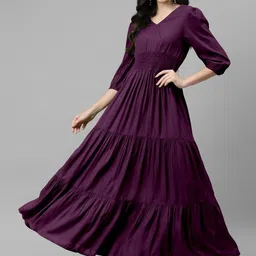 Krunal Raiyani Women V-Neck Smoked Tiered Fit & Flare Maxi Dress-picture-25