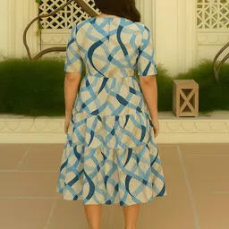 GAB Women Abstract Printed Puff Sleeve Tiered Cotton Fit & Flare Midi Dress image 4