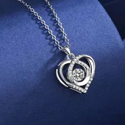 Peora Silver-Plated American Diamond Studded Heart Shaped Pendant With Chain And Rose-picture-15