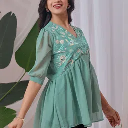 HIALTO Women Embroidered V-Neck Georgette Tunic Top image 5