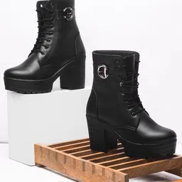 JM Looks Women Lace-Up Block Heels Chunky Boots image 1