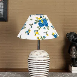 Devansh White & Blue Printed Wooden Table Lamp With Cotton Shade image 4