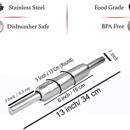 axonal Chapati Roller Pin | Stainless Steel Chapati Belan | Bakeware Roller Pin | Roti Belan, 270gm*1 Rolling Pin Rolling Pin image 3