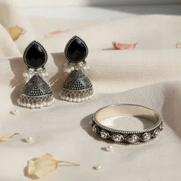 Mygaonwala Silver-Plated Artificial Stones Studded and Beaded Dome Shaped Jhumkas-picture-34
