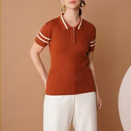 Chemistry Women Shirt Collar Ribbed Cotton Top-image-98