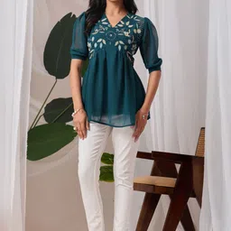 HIALTO Women V-Neck Embroidered Georgette Top image 3