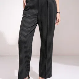 CHIC BY TOKYO TALKIES Women Striped Straight Fit Pleated Formal Trousers-picture-16