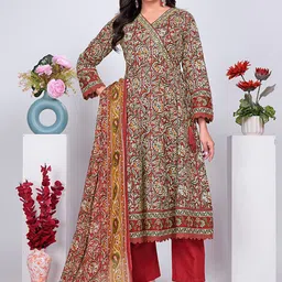 Pionex Women Floral Printed Angrakha Pure Cotton Kurta with Trousers & With Dupatta-picture-10