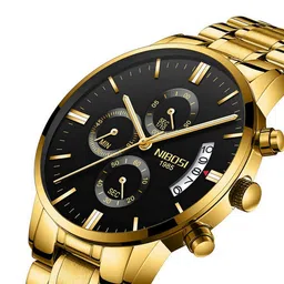Nibosi Men Black Patterned Dial & Gold Toned Stainless Steel Bracelet Style Straps Analogue Chronograph Watch image 4