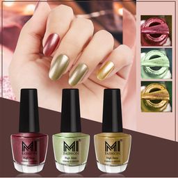 MI FASHION Set of 3 High Shine Long-Lasting Nail Lacquer 12 ml Each - Metallic Maroon 10 - Metallic Olive Green 11 - Metallic Golden 45-picture-20