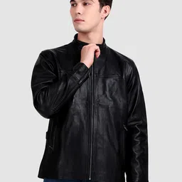 MaheTri Men Mandarin Collar Midnight Rider Black Leather Jacket-picture-12