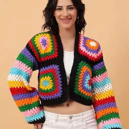 Velvery Women Geographic Pattern Open Front Crop Cardigan-image-78