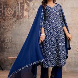 Araaha Women Ethnic Motifs Printed Regular Sequinned Pure Cotton Kurta with Trousers & With Dupatta image 3