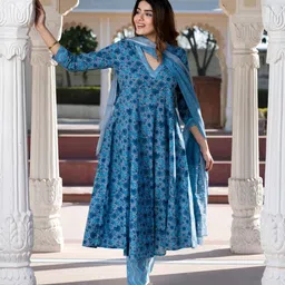KALINI Floral Printed V-Neck Pure Cotton A-Line Kurta With Trousers And Dupatta image 3