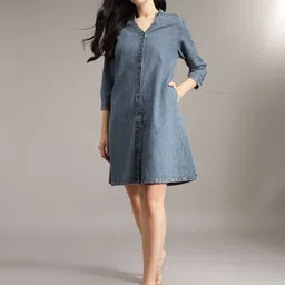 Xpose Women Denim Cotton A-Line Dress image 1