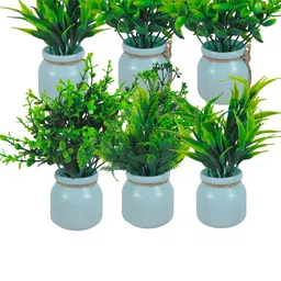 Dekorly Set Of 6 Blue Plastic Fern Artificial Flowers & Plants With Pot image 5