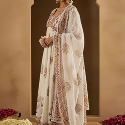 Indo Era Ethnic Motifs Printed Empire Pure Cotton Anarkali Kurta With Trousers & Dupatta image 1