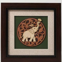 Exotic India Brown & Beige Wooden Trunk Up Elephant Wall Hanging-image-90