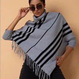 SHOWOFFFF Women Striped Poncho with Fringed Detail-picture-31