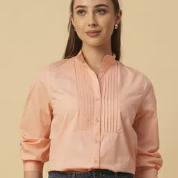 Chemistry Women Solid Mandarin Collar Cotton Shirt Style Top-image-58