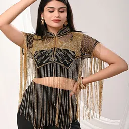 JEDCO Embroidered Self Design Mandarin Collar Short Sleeves Waterfall Shrug image 3