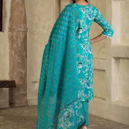 Sangria Floral Printed Pure Cotton Straight Kurta With Trousers & Dupatta image 4