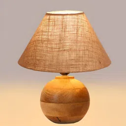 Devansh Beige & Brown Wooden Frusturical Shaped Table Lamp image 3